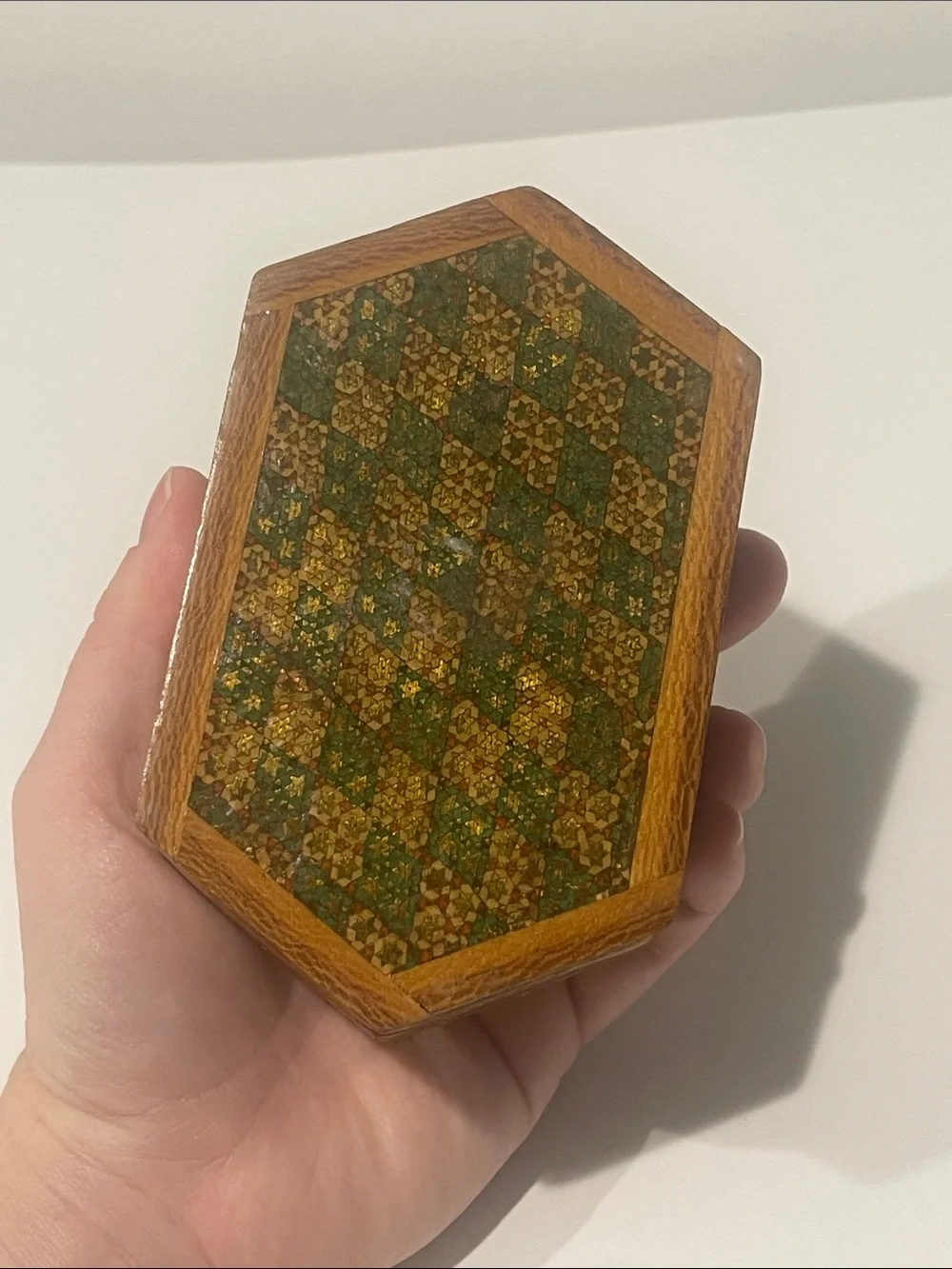 Vintage Hexagonal Decorative wooden Trinket Box Green & Blue